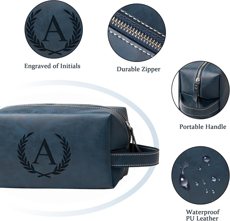 Aganmi Personalized Gifts Travel Toiletry Bag for Men Engraved Initial PU Leather Waterproof Shaving Bag for Toiletries Accessories Fathers Day Birthday Gift for Men Dad Husband Son, Dark Blue M - Image 4